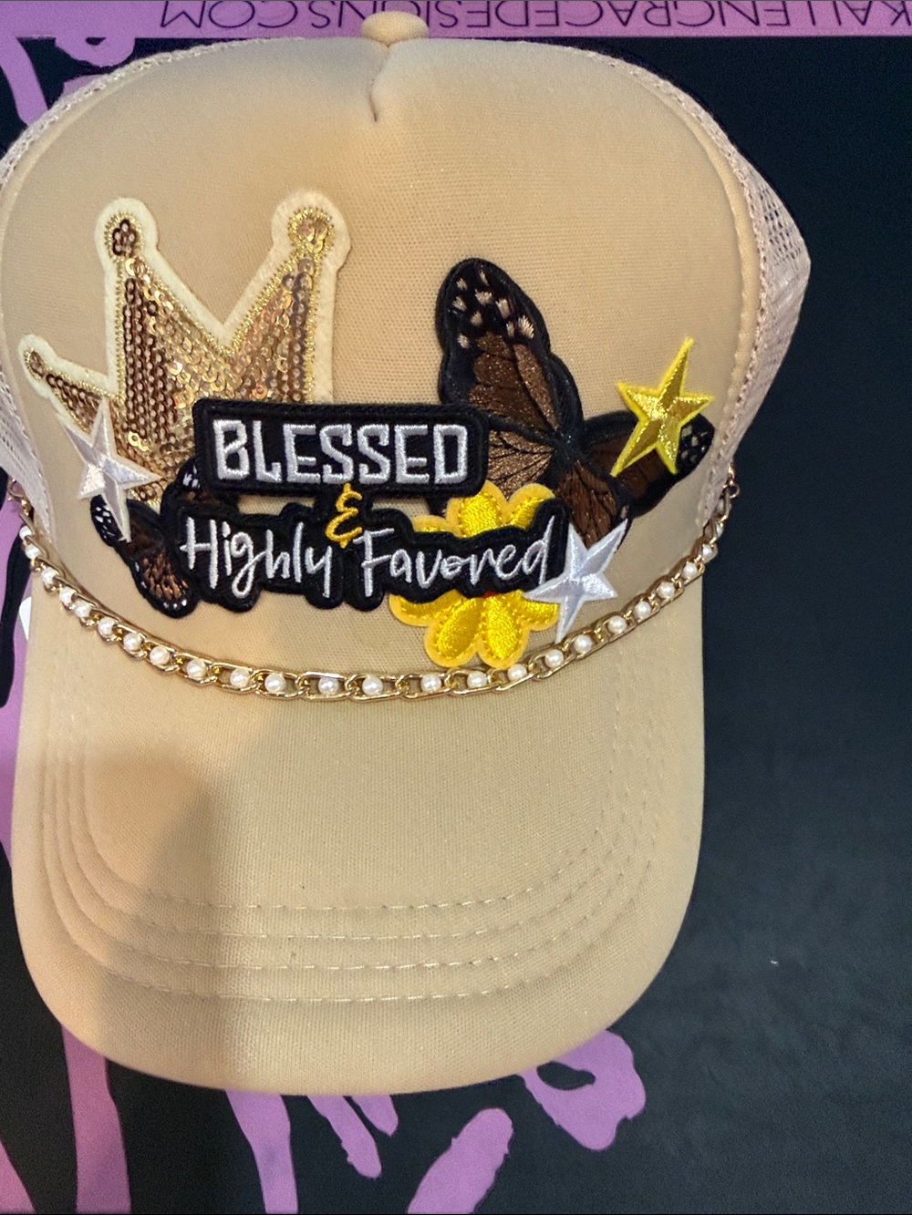 Blessed & Highly Favored Embellished Trucker Hat - Beige with Gold Accents